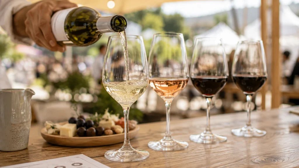 Copa de vino durante una cata para observar aromas, color y características del vino
