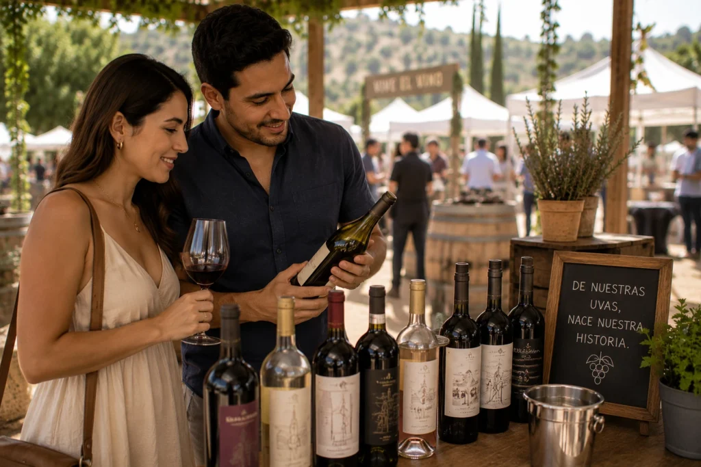 Pareja descubriendo bodegas de vino mexicano y diferentes etiquetas durante una degustación