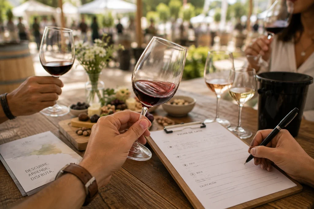 Persona degustando vino y tomando notas durante una experiencia de cata de vinos