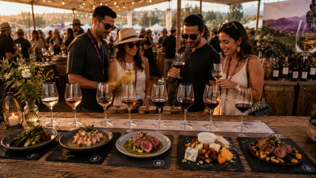 Experiencia gastronómica con vino y diferentes alimentos durante una degustación