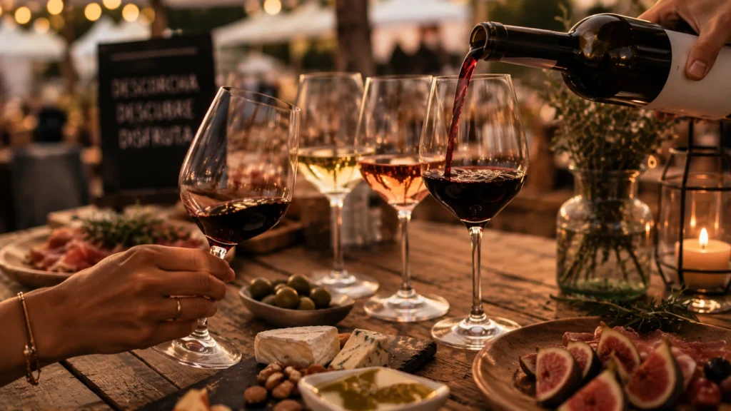 Maridaje de vinos durante una experiencia de gastronomía y degustación para compartir