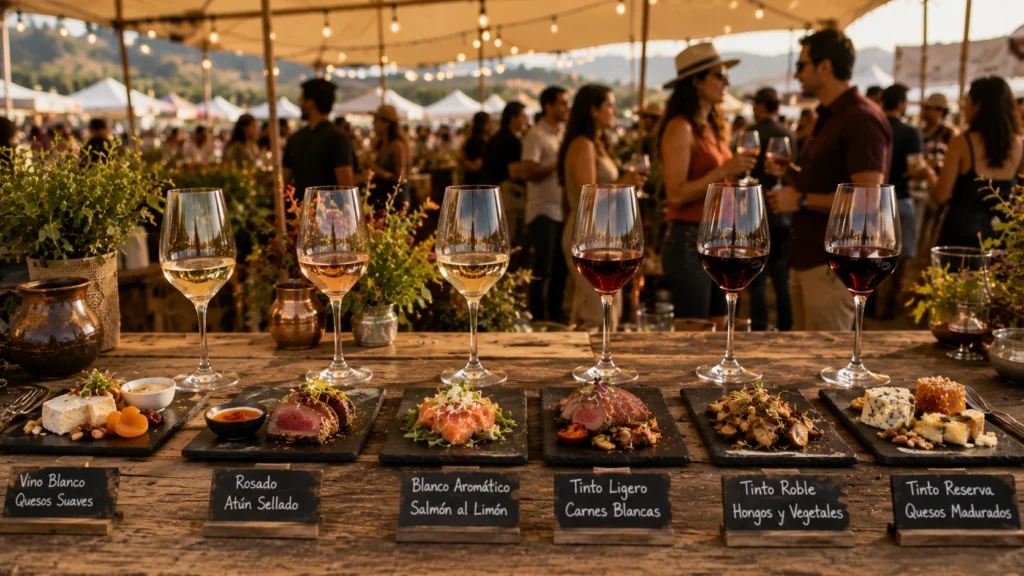 Maridaje de vino y comida durante una experiencia gastronómica al aire libre