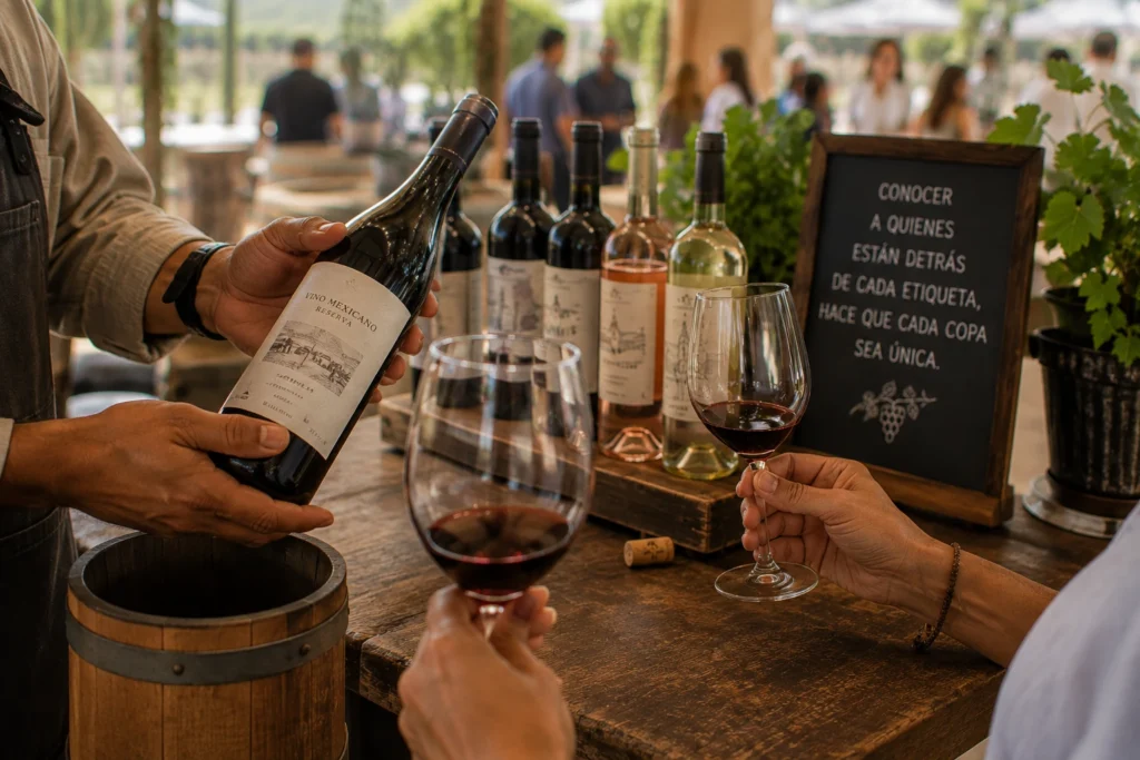 Productor de vino mexicano presentando una botella durante una degustación