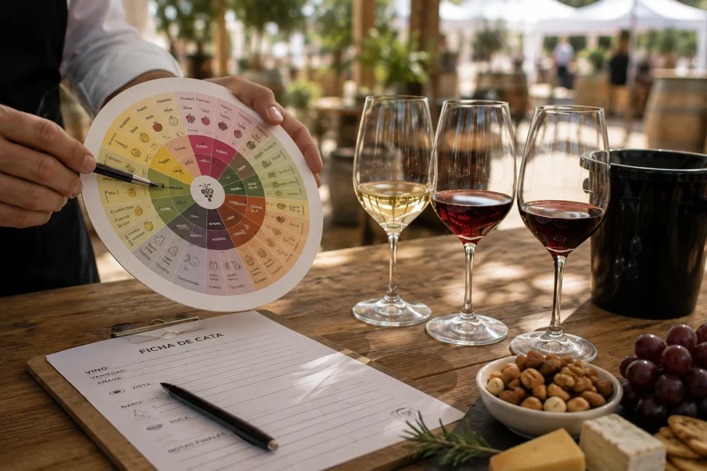 Sommelier enseñando una cata de vinos con diferentes copas y ficha de degustación